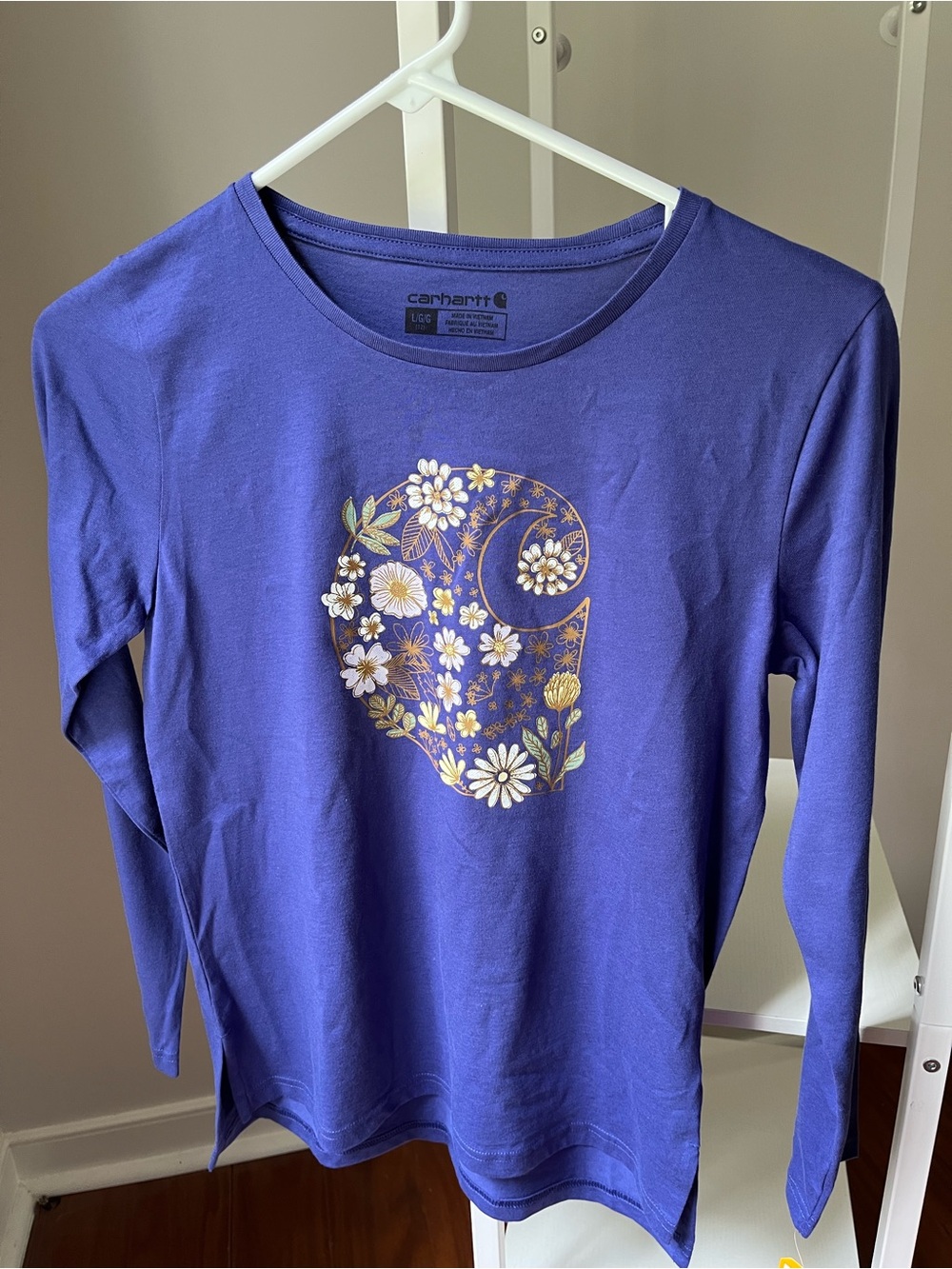Carhartt Purple Long-Sleeve Tee w/ Floral Logo, Split Hem, NWT Girls Size 12
